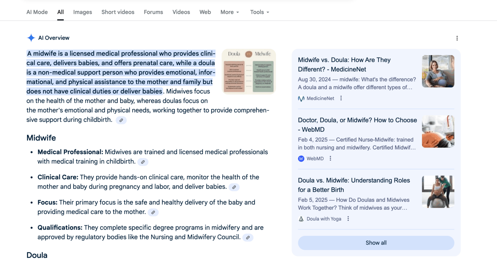 Screenshot of AI answer box for the question "What is the difference between a Midwife and a Doula"