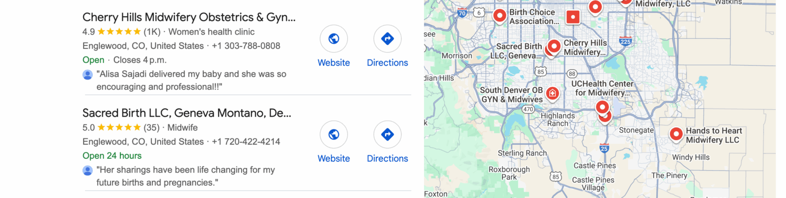 Example of Google Business Page search results for midwives
