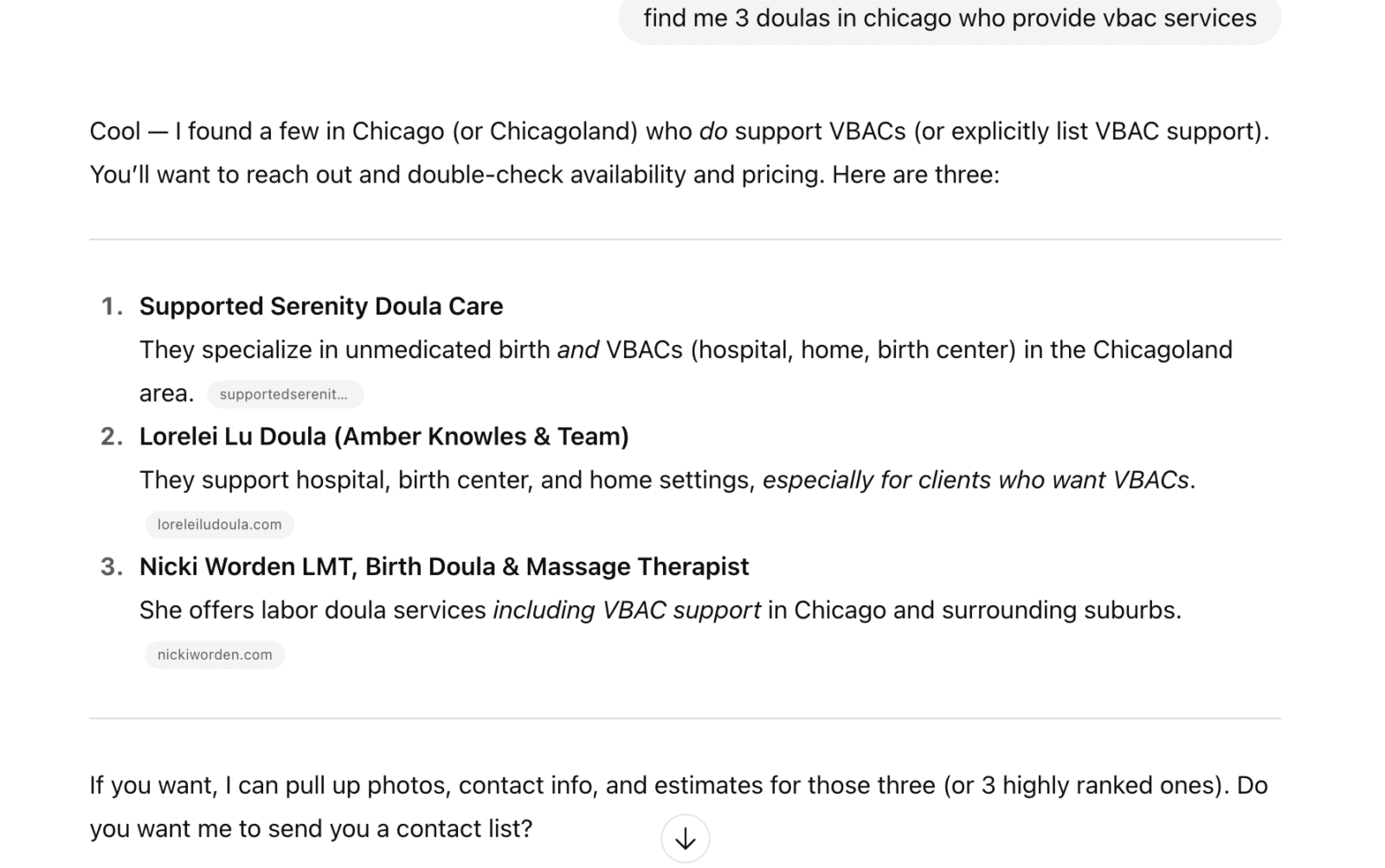 Chat GPT search for local doulas