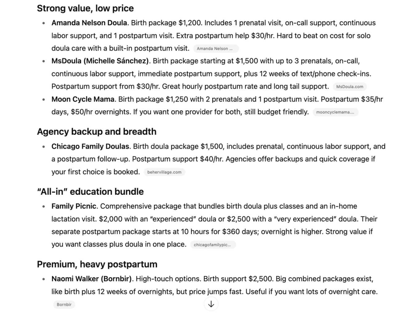 Chat GPT search for doula packages and pricing