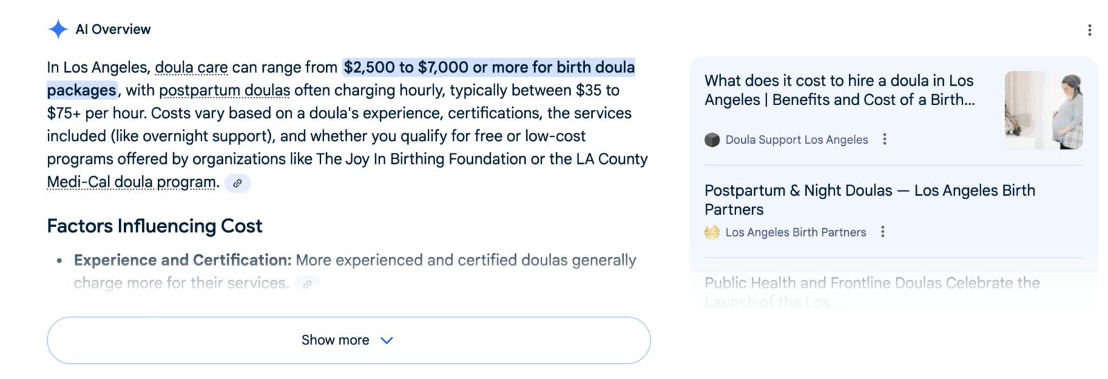 AI Overview for doula care costs in Los Angeles