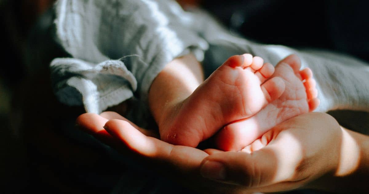 newborn baby feet cradled in parent's hand