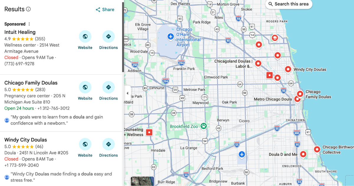 google business profile listings for doulas in chicago